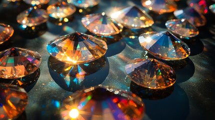 Aufkleber - Brilliant gemstones with vibrant colors are arranged on a dark surface, each reflecting light in unique patterns that create a stunning display.
