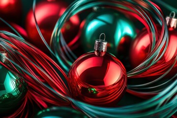 Festive Christmas ornaments in red and green hues are intertwined with delicate lights, creating a vibrant and joyful holiday ambiance. Generative AI