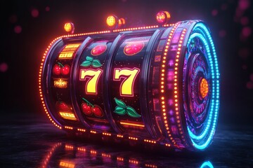 Poster - A vibrant slot machine showcases spinning reels adorned with classic symbols like cherries, sevens, and bars, captivating players. Generative AI