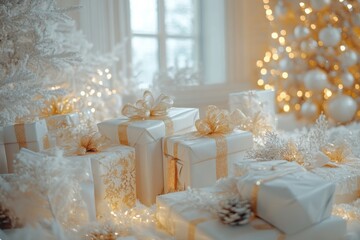 luxurious white and gold christmas presents elegantly arranged in a cozy living room, highlighted by a softly blurred window and gentle bokeh lights, creating a magical holiday atmosphere