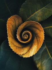 Aufkleber - A spiraling tea leaf lies elegantly on a backdrop of lush green leaves, highlighting its intricate natural design and texture. Generative AI