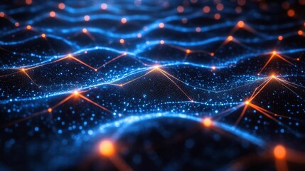 Poster - The artwork features dynamic digital waves in shades of blue and orange, creating a mesmerizing pattern that conveys energy and depth against a dark background.