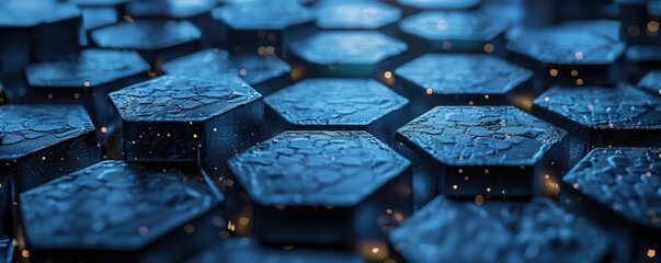 Wall Mural - Futuristic blue hexagon background, symbolizing blockchain technology, digital security, and modern innovation. Free copy space for banner.