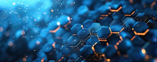 Wall Mural - Futuristic blue hexagon background, symbolizing blockchain technology, digital security, and modern innovation. Free copy space for banner.
