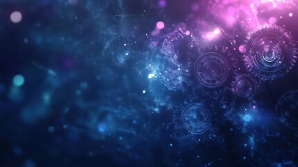 Wall Mural - Futuristic backdrop of intricate gears glowing softly in a dark space environment with lights