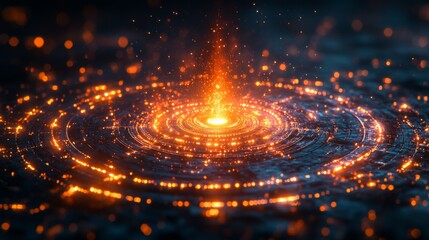 Poster - Bright, glowing circular patterns radiate from a central point, surrounded by sparks of light against a dark background, creating a mesmerizing display of energy and movement.