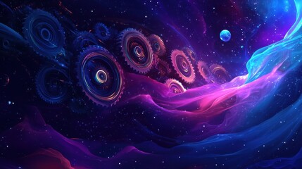 Wall Mural - Abstract metallic gears glow in a backdrop of liquid textures and blue-purple gradients