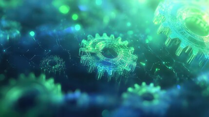 Gears softly glow in a translucent background with neon lights and smooth blue-green gradients