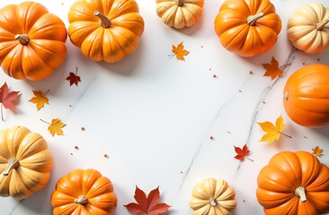 Wall Mural - thanksgiving frame with orange pumpkins on the white marble table