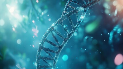 Glowing DNA helix floating in a misty environment with gradients of sapphire and cyan backdrop