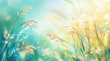 Poster - Delicate grass blades illuminated by warm light with soft gradients evoking a peaceful airy feel