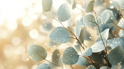 Canvas Print - Close-up eucalyptus wallpaper with overlapping leaves soft sunlight and blurred background