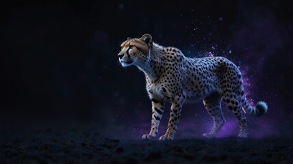 A cheetah stands in a dark environment with purple and blue dust swirling around it.