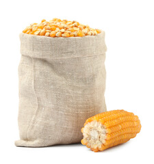 Sticker - Fresh corn kernels in burlap sack and corncob isolated on white