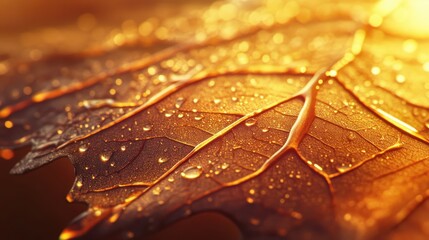 Wall Mural - Macro wallpaper of maple leaf veins bathed in autumn light with dewdrops reflecting the warm golden hues