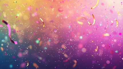 Wall Mural - 70s-style wallpaper with neon confetti and streamers in a dynamic airspace over coral-purple background