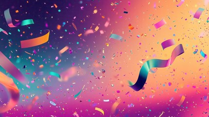 Wall Mural - 70s-style wallpaper of neon confetti and streamers spiraling through a violet-yellow gradient background