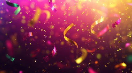Wall Mural - Vivid confetti and streamers in motion over a coral-purple gradient background with light effects