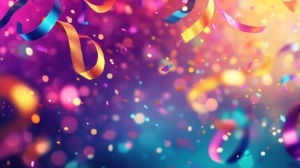 Wall Mural - Vibrant wallpaper featuring neon confetti and streamers floating over a coral to blue gradient background