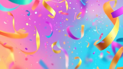Wall Mural - Vivid wallpaper of neon confetti and streamers over a gradient coral to midnight blue background glowing highlights