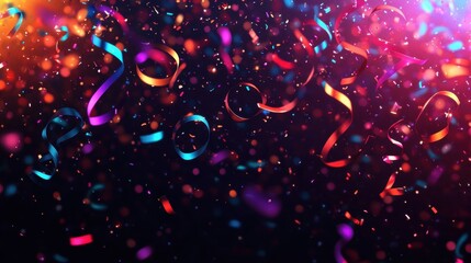 Wall Mural - Bold wallpaper of neon confetti and streamers against a black backdrop glowing reflections adding depth