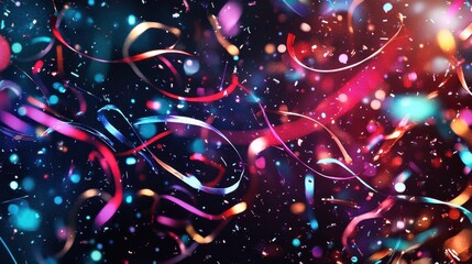 Wall Mural - Neon confetti and streamers floating against a black background wallpaper with light reflections