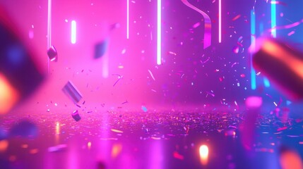 Poster - 70s retro wallpaper with neon confetti and streamers floating over a gradient purple-pink backdrop