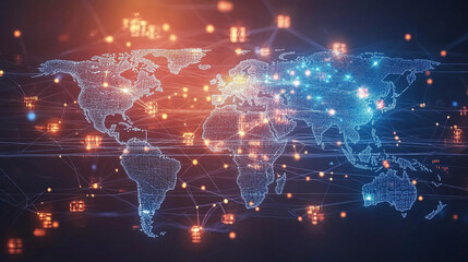 Abstract world map concept of global network and connectivity international data transfer and cyber technology worldwide business information exchange and telecommunication