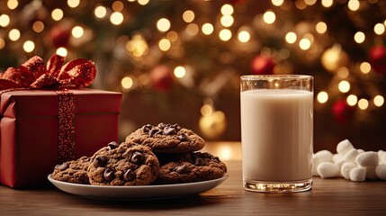 Santa's hand holds a cookie while sipping milk, with a plate of treats and a gift beside him in a cozy, festive setting