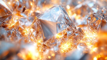 Poster - Glittering gemstones are arranged on a surface, catching warm light and creating a dazzling effect, enhancing their beauty and allure.