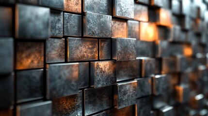 Poster - An abstract arrangement of dark metal blocks creates a textured wall, with warm light reflecting off selective surfaces, showcasing depth and dimension.