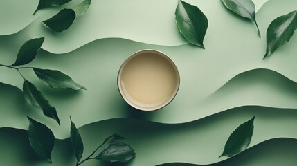 Poster - A delicate tea cup sits at the center, surrounded by gentle waves of green leaves that create a tranquil atmosphere. Generative AI