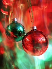Fototapete - Two bright Christmas ornaments in red and green reflect enchanting lights, creating a festive atmosphere during the holiday season. Generative AI
