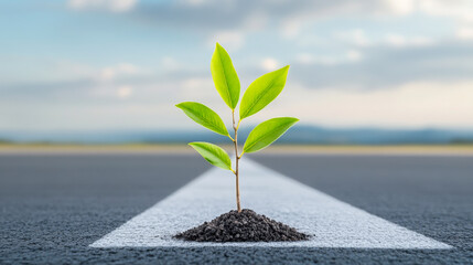 Wall Mural - A small green plant is growing out of the ground on a road. The plant is surrounded by dirt and he is thriving in the harsh environment. Concept of resilience and hope, as the plant is able to grow