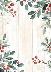 A rustic Christmas background featuring watercolor greenery, red berries, and snowflakes on a light wooden texture, ideal for holiday designs.