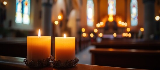 Two lit candles in a church with pews and stained glass windows in the background.