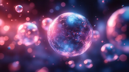 Poster - A vibrant display showcases spherical forms resembling cells or bubbles glowing in shades of pink and blue against a dark backdrop, creating a striking visual effect.