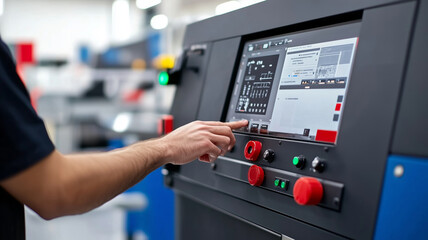 Poster - A technician adjusts a control panel in a modern factory