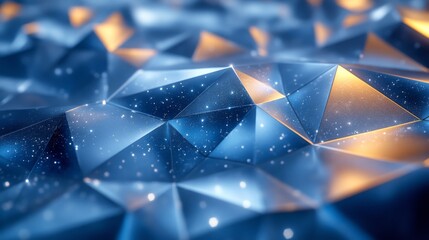 Poster - Complex geometric shapes with reflective surfaces are arranged in a captivating pattern and softly illuminated, producing a stunning blend of blue and warm tones.