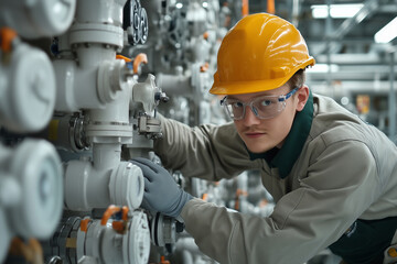 Poster - Engineer meticulously adjusting complex controls in a modern industrial facility