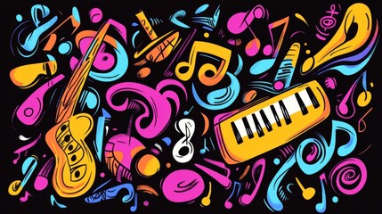 Poster - A lively collection of music-themed doodles showcases various instruments, notes, headphones, and dynamic sound waves, celebrating creativity. Generative AI