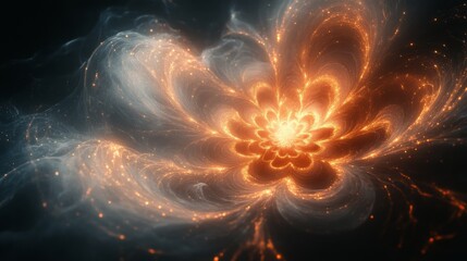 Fototapete - Colorful, luminescent patterns swirl and bloom like a cosmic flower in a dark void, radiating warmth and captivating energy. This mesmerizing display evokes feelings of wonder and beauty.