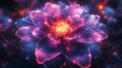 Poster - A luminous flower radiates stunning colors, combining shades of pink, purple, and orange, creating an enchanting aura in a dark setting. The vibrant petals emerge from a mystical backdrop.