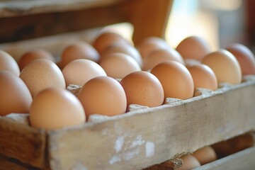 Wall Mural - A wooden tray brimming with brown eggs, symbolizing freshness and nature's abundance.