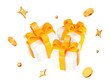 © Игорь Жуков - 3d white gift box with yellow ribbon and flying gold coins, stars and balls. Stock vector illustration on isolated background.