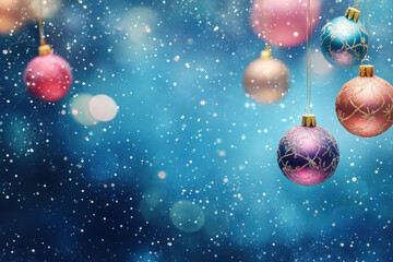 Canvas Print - Christmas balls hanging from strings against a blue background, creating a festive and colorful atmosphere.