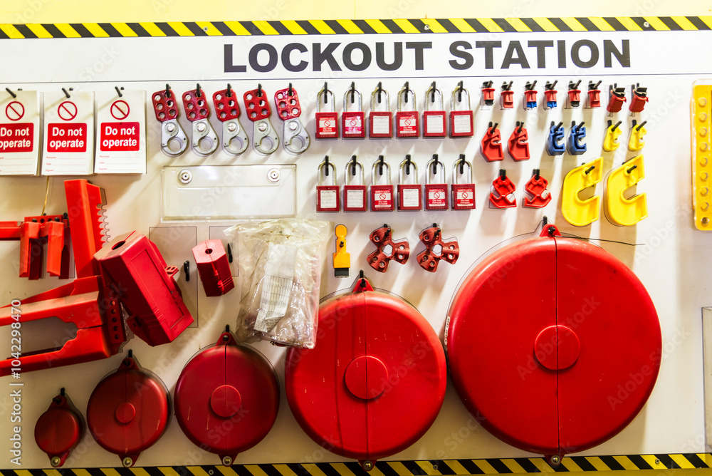Wdo Station A close-up of a 'lockout station' displaying safety equipment used to ...