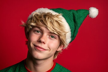 A young man dressed as a cheerful elf, with tousled blonde hair and mischievous green eyes, on a vibrant red background, adding to the holiday spirit 1