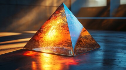 Aufkleber - Bright sunlight filters through a window, illuminating a translucent glass pyramid on the surface. The warm light creates beautiful reflections and patterns.