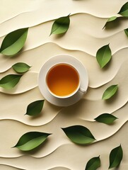 Poster - A tea cup sits at the center, embraced by green leaves that form soft waves against a soothing, textured surface. Generative AI